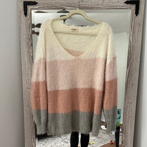 ADORA Women's V-Neck Striped Sweater - Cream, Pink, Gray - Picture 1 of 4